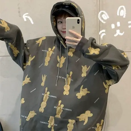 女士卫衣2020秋冬百搭宽松韩版ins连帽上衣bf慵懒风加绒加厚外套图片