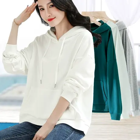 米白色连带帽卫衣女2023春秋新款套头宽松超大版bf慵懒风上衣薄款商品大图