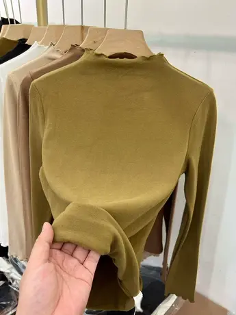 加绒双面磨毛保暖T恤女2022冬季新款叠穿百搭木耳边半高领打底衫商品大图