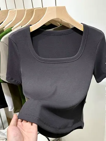 纯欲U领短袖t恤女2023新款夏季法式甜辣风小众别致辣妹短款上衣服商品大图