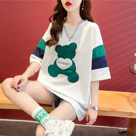 设计感小众短袖t恤女夏季韩版宽松大码女装中长款半袖撞色上衣服商品大图