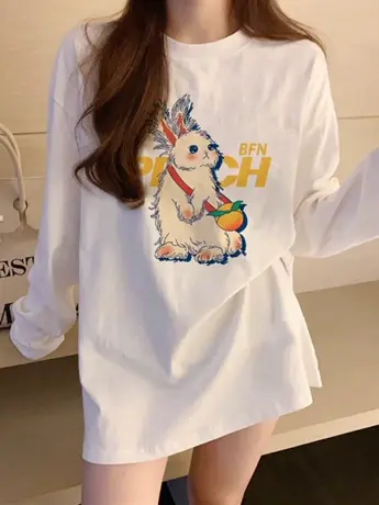 纯棉长袖t恤女秋季2023新款宽松内搭打底衫小个子韩版白色上衣ins商品大图