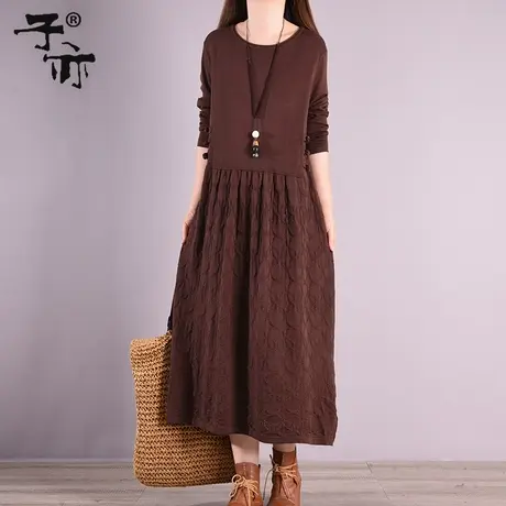 子亦春装新款气质中长款钩花拼接纯色宽松打底针织毛衣裙女商品大图