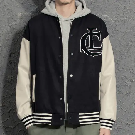 奕飏秋冬季棒球服男夹克日系潮牌拼色毛巾绣宽松抓绒刺绣毛呢外套图片