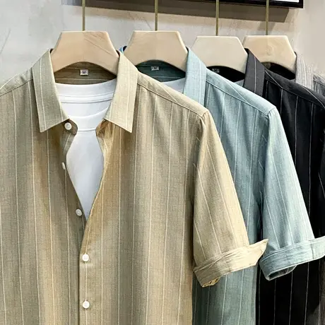 半袖衬衫男夏季薄款韩版条纹百搭潮流男装上衣服男士衬衣短袖休闲商品大图