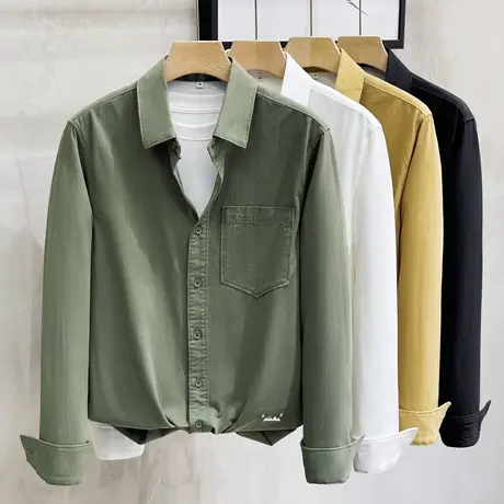 日系重磅长袖衬衫男秋季宽松高级感纯棉寸衫口袋白色翻领衬衣外套商品大图