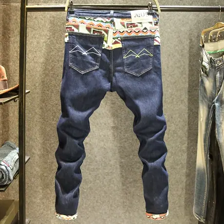 九分牛仔裤男款深色拼接潮流百搭9分裤ina潮牌刺绣弹力修身小脚裤商品大图