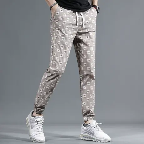 卡其色冰丝休闲裤男2023夏季新款修身束脚潮流男士弹力百搭裤子男商品大图