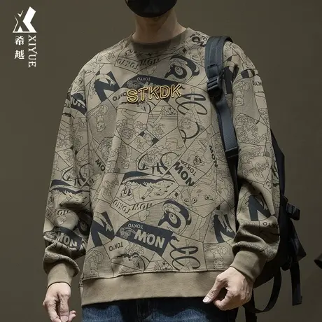 希越精品双面棉漫画印花卫衣男秋季宽松大码水洗套头字母刺绣上衣商品大图