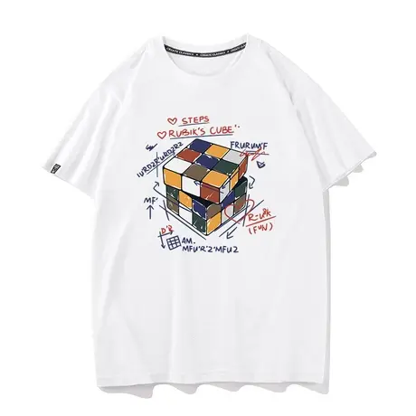 秀洛白色t恤男日系潮牌趣味魔方纯棉夏季男款短袖宽松打底衫半袖商品大图