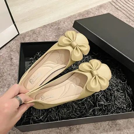 气质豆豆鞋子女配裙子2023年夏季新款平底蝴蝶结单鞋软底浅口瓢鞋商品大图