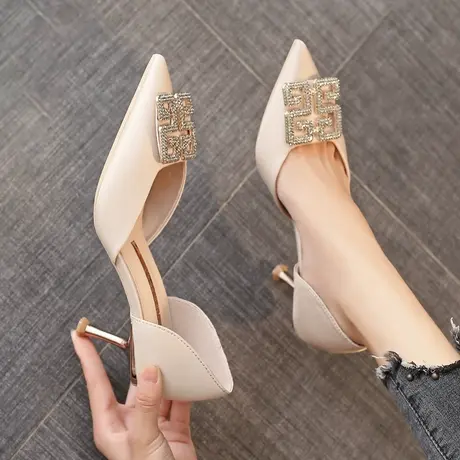 法式高跟鞋2023春季新款韩版百搭水钻性感伴娘尖头细跟单鞋女6cm图片