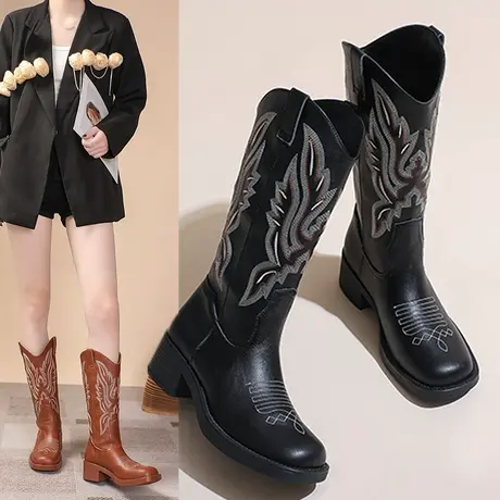 刺绣秋冬靴子女2023新款复古长靴西部牛仔靴棕色爆款高筒靴中筒靴图片