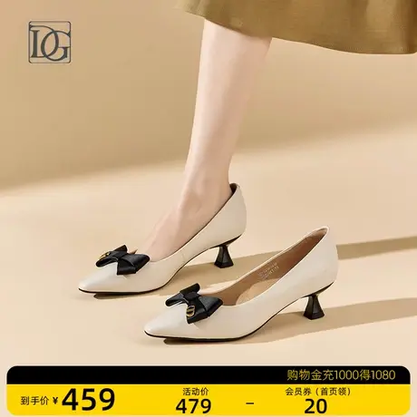 【商场同款】2023春季新款羊皮浅口蝴蝶结单鞋职业中跟酒杯跟女鞋图片