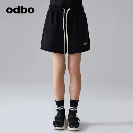odbo/欧迪比欧运动风抽绳束腰休闲裤女夏季新款百搭显瘦黑色短裤商品大图