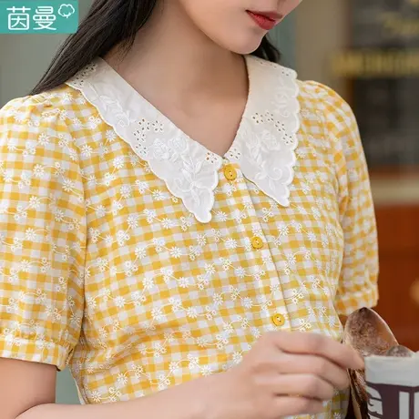 茵曼旗舰店格子衬衫女短袖2023年夏季新款娃娃领衬衣纯棉上衣商品大图