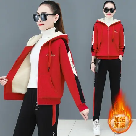 加绒加厚运动卫衣套装女秋冬季时尚保暖羊羔绒休闲衣服女装两件套图片