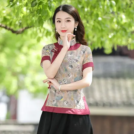 筠雅唐装女夏旗袍式上衣佛系女装年轻款茶服民国风复古中式女装商品大图