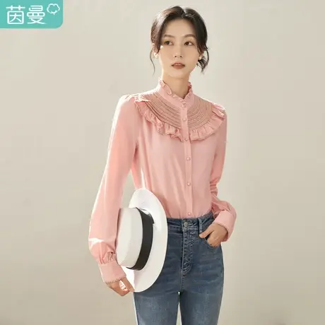 【商场同款】茵曼2023春女装新款田园花边立领刺绣长袖衬衫衬衣商品大图