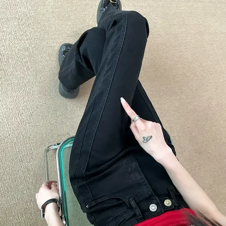 黑色微喇牛仔裤女开叉2023春秋新款高腰修身显瘦复古小个子喇叭裤商品大图