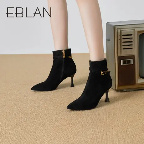 伊伴秋冬女鞋法式优雅时装靴短靴绒面尖头酒杯跟皮靴瘦瘦靴女商品大图