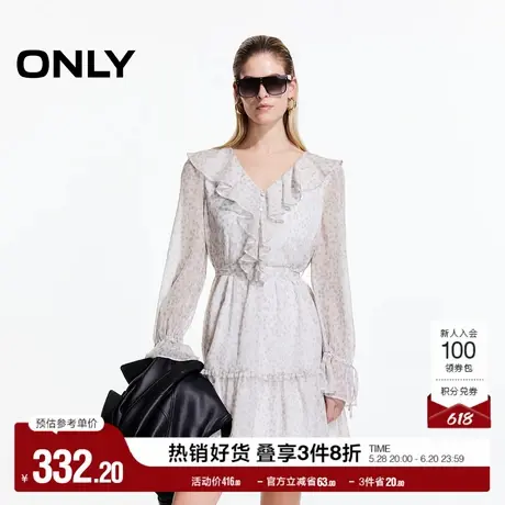 ONLY2025春季新款甜美V领花卉荷叶边袖口抽绳长袖短裙连衣裙女图片