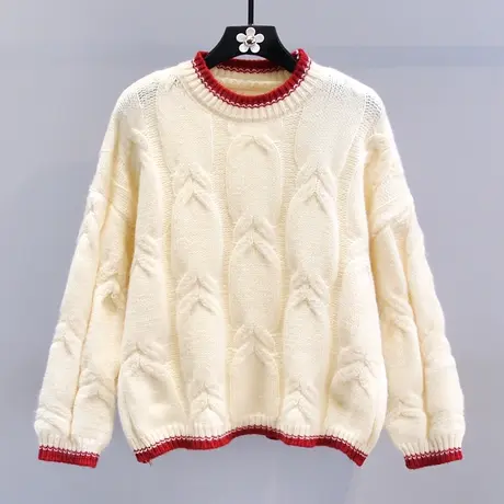 日系甜美圆领软糯毛衣女秋冬2023新款宽松慵懒风拼色套头针织衫商品大图