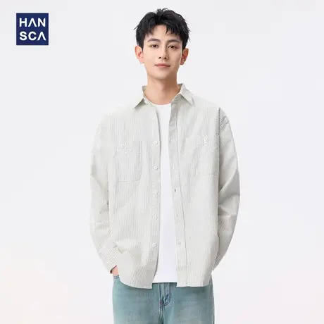 hansca牛津纺纯棉翻领长袖衬衫男2025年春季条纹百搭高级衬衣外套商品大图