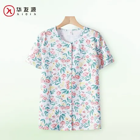 华友源妈妈纯棉短袖开衫上衣女士中老年人宽松可外穿T恤家居内衣商品大图
