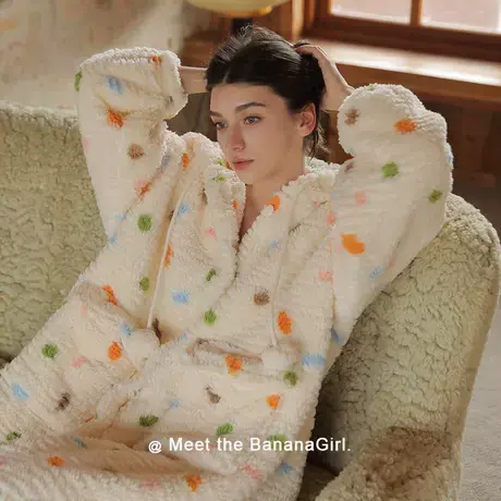 Bananagirl珊瑚绒睡衣女秋冬季新品加厚保暖长袍两件套外穿家居服商品大图