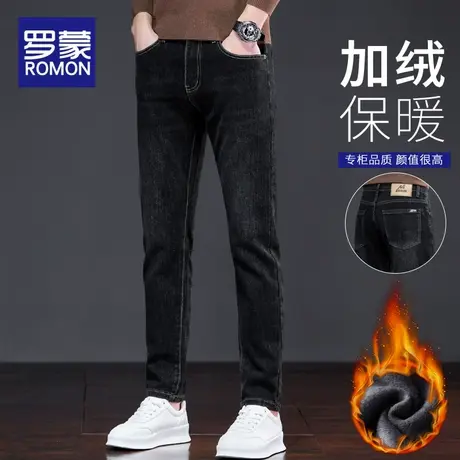 罗蒙加绒加厚牛仔裤男士秋冬2025新款修身小脚裤子保暖长裤子男款商品大图