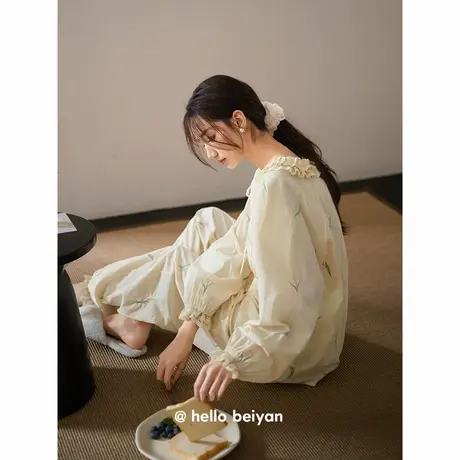 贝妍睡衣女春秋新款柔软棉长袖家居服甜美清新少女大码可外穿套装商品大图