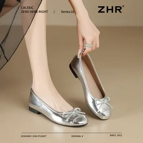 ZHR银色单鞋女2025夏季新款蝴蝶结平底气质晚晚风玛丽珍鞋一脚蹬商品大图