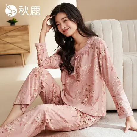 秋鹿【5A抑菌防螨】柔软纯棉睡衣女春秋款红色印花长袖家居服套装商品大图