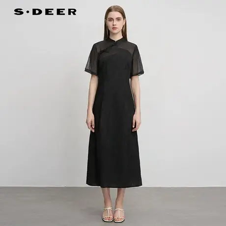 sdeer圣迪奥女装立领盘扣印花网纱新中式连衣裙S242Z12S4图片
