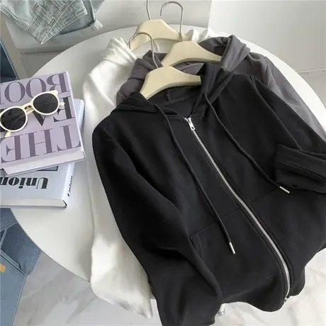 秋季双头拉链连帽卫衣白色开衫女美式简约休闲学生帽衫上衣外套女商品大图