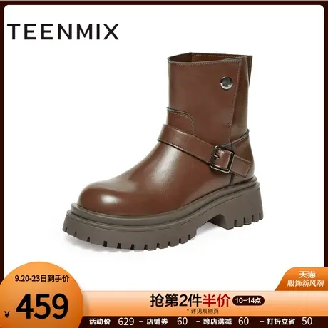 天美意机车西部靴厚底时装靴骑士长靴子女皮短靴2023冬新NQX47DD3图片