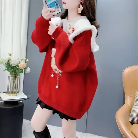 新年圣诞红色甜美减龄娃娃领毛衣女秋冬2024新款宽松外穿针织上衣商品大图