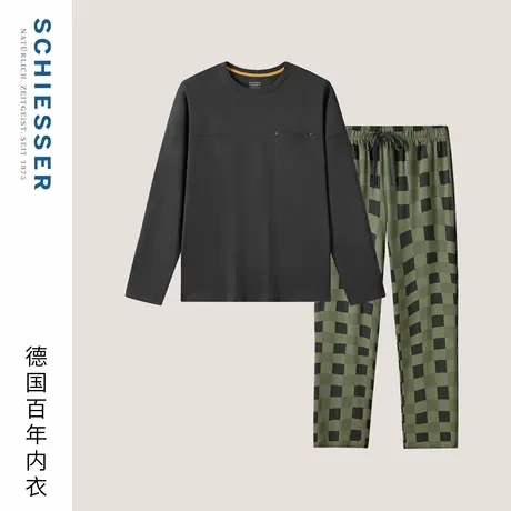 SCHIESSER舒雅25早秋新品男士纯棉棋盘格圆领大码睡衣家居服套装商品大图