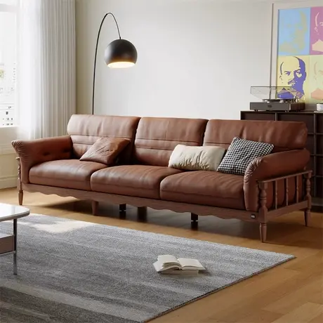 顾家家居实木胡桃木全实木中古风沙发轻奢家用客厅真皮直排大沙发商品大图