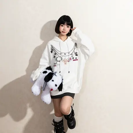 YEP白色印花连帽加绒卫衣女冬季2025新款潮牌复古帽衫宽松厚外套图片