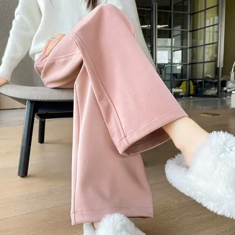 粉色毛呢加绒阔腿裤女秋冬新款加厚高腰直筒垂感宽松休闲拖地裤子商品大图