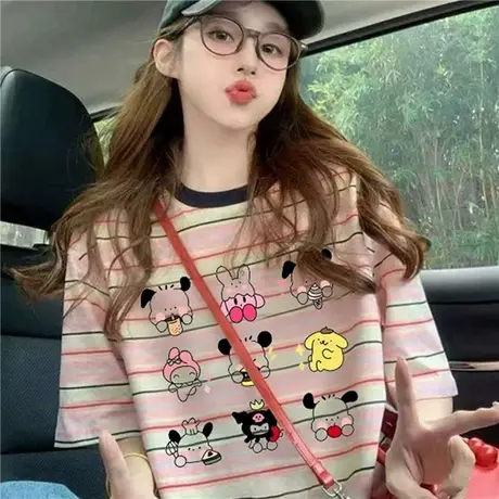 条纹短袖t恤女2025新款夏季美式复古宽松洋气卡通欧货高级感上衣图片