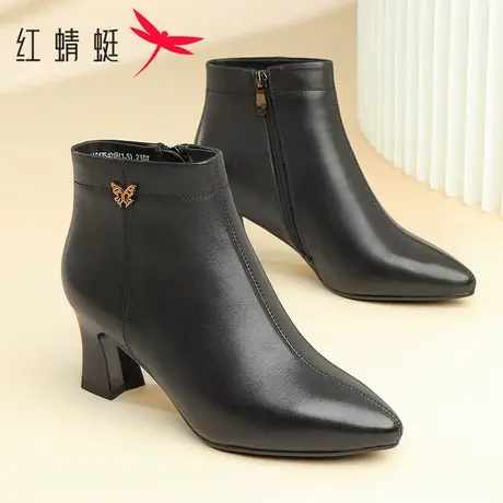 红蜻蜓冬季简约女短靴2025女鞋休闲粗跟高跟鞋时装靴中年妈妈鞋子图片