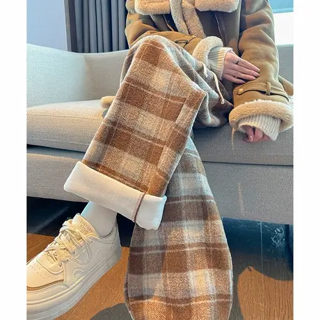 唐狮秋冬季新款女休闲裤流行百搭咖色格子加绒阔腿长裤WPTD图片