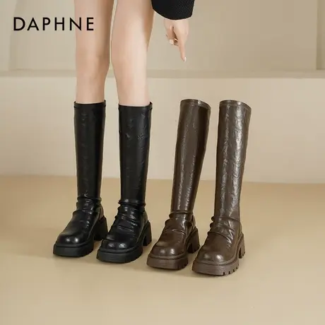 达芙妮长筒靴子女款2025新款秋季褶皱推推靴厚底高筒靴复古长靴女商品大图