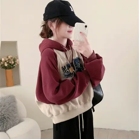 设计感加绒加厚拼色连帽卫衣女秋冬2023年新款宽松百搭小个子上衣商品大图