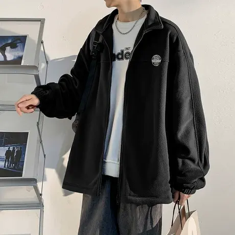 唐狮摇粒绒外套男士春秋款净色立领夹克左胸贴标外套学生休闲痞帅图片