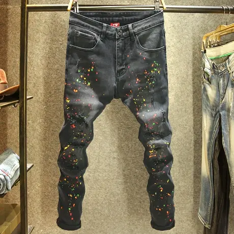 黑色刮烂补丁牛仔裤男款潮牌破洞修身小脚裤潮流时尚泼墨工艺长裤商品大图