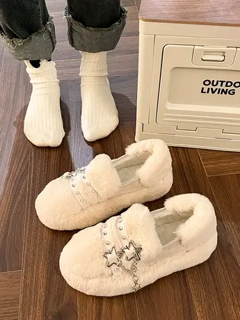 网红小香厚底毛毛鞋女外穿高级感2023新款秋冬季加绒加厚豆豆棉鞋商品大图